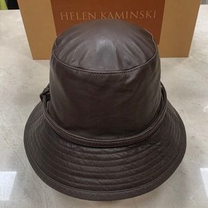 NWOT HELEN KAMINSKI BROWN LEATHER BUCKET HAT BRIM STITCH ROW DETAIL BLUE LINING